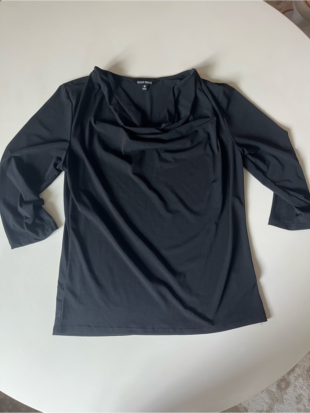 Ellen Tracy Black Draped Cowl Neck Blouse, Size Medium